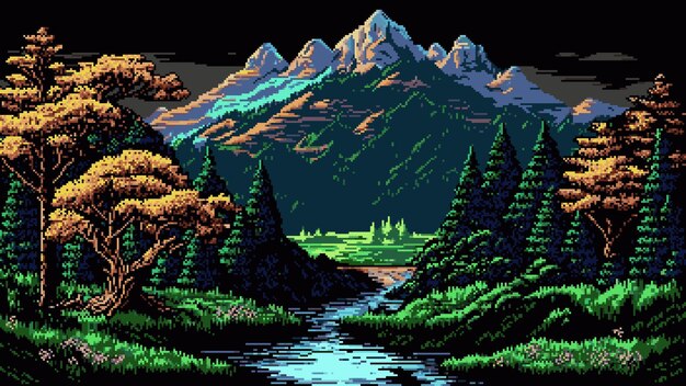 Generative ai night mountains and river landscape 8Bit pixel art background with majestic summit with snowy peak rising over the picturesque scene with trees and clear water flow Retro game level