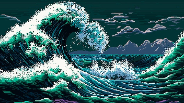生成 AI 夜の嵐、津波、波、海の風景 8 ビット ピクセル アートの背景 大規模な水のうねりを伴う印象的なピクセル化されたゲーム シーンは、乱流の海の激しさと力を捉えています