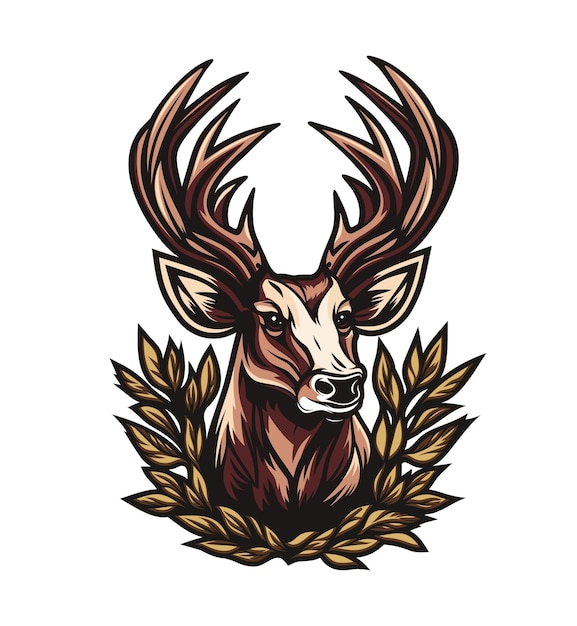 長い角を持つ野生の鹿 AI生成動物マスコット キャラクターベクター 孤立したエンブレム 鹿の頭 ローレル花束 ヘラルディックなシンボル スポーツクラブまたはチームリーグのマスコットバッジ