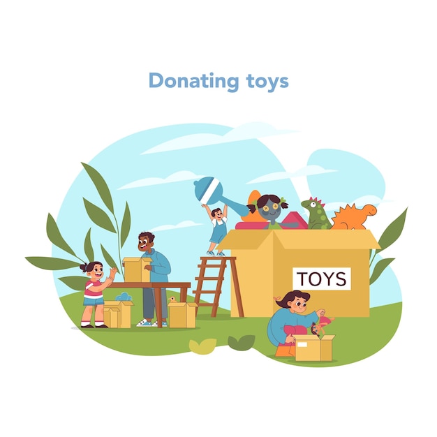 Generous speeltijdconcept enthousiaste kinderen sorteren en schenken speelgoed om vreugde te verspreiden onder leeftijdsgenoten