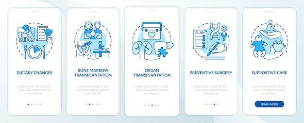 遺伝性疾患治療の青いオンボーディング モバイル アプリのページ画面とコンセプト