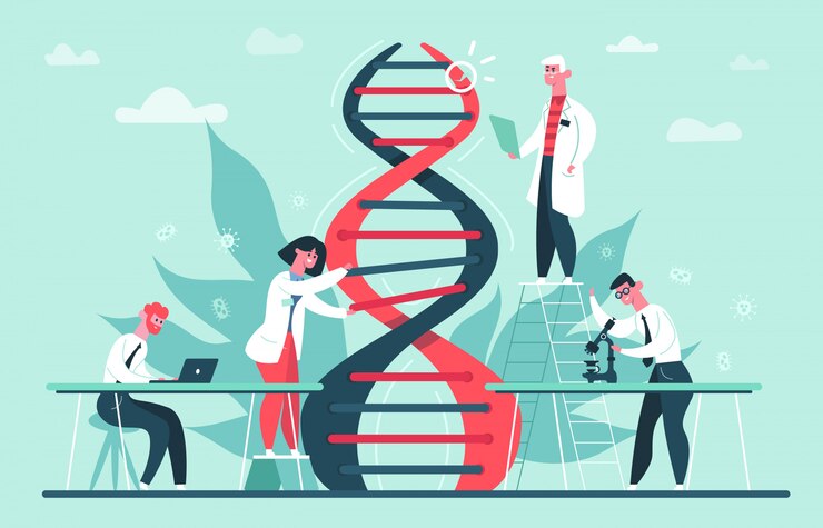 Vector genetic dna research. lab genome and dna code science researches, scientist professor gene edits  illustration. research dna, biotechnology laboratory, gene medical