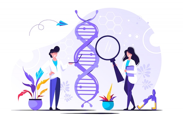 Scienza del dna genetico. mostrando scienziato che studia il dna