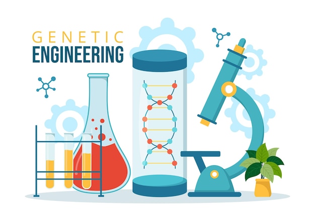 Иллюстрация генной инженерии и модификации днк с учеными-генетиками или учеными-экспериментаторами