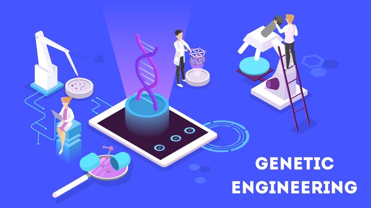 Vector genetic engineering concept. biology and chemistry experiment. invention and innovation in medicine. futuristic technology.  isometric illustration