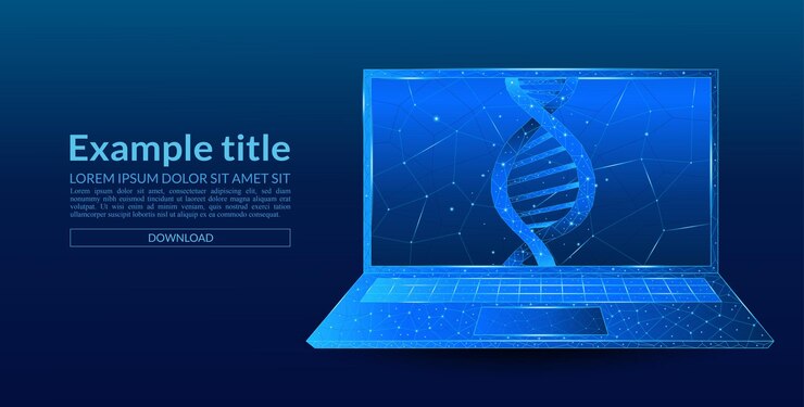 Vector 노트북 스크린에서 유전공학 개념 3d dna 스파일과 연결된 컴퓨터