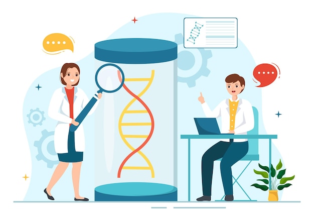 Иллюстрация генной инженерии и модификации ДНК с учеными-генетиками или учеными-экспериментаторами