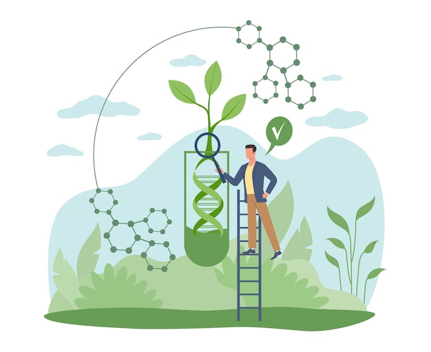 Genetic engineering improvement of biogelix tiny scientist man with huge test tube study modify and control biological system medical biological engineering vector cartoon concept