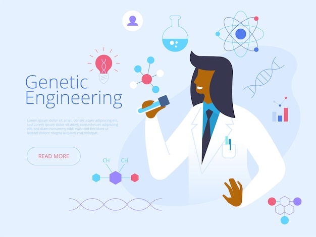 Modello di vettore della pagina di destinazione di ingegneria genetica. idea scientifica futuristica con illustrazioni piatte