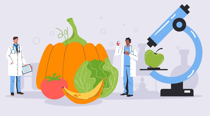 Vector genetic food vegetable fruit research engineering laboratory science gmo test concept