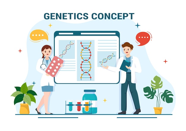 DNA 분자 구조 및 의료 기술을 사용한 유전 과학 개념 그림