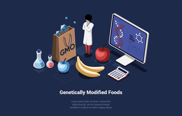 거대한 유전자 변형 식품 및 농업 작물에서 유전자 변형 식품 개념 실험실 과학자는 GMO 식품 화학 또는 생물학 과학 아이소메트릭 만화 3D 벡터 일러스트를 배웁니다