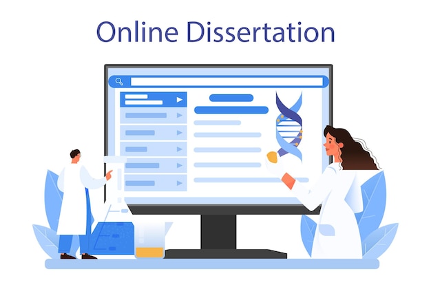 Geneticist online service or platform. medicine and science technology. scientist work with dna molecule structure. online dissertation. flat vector illustration