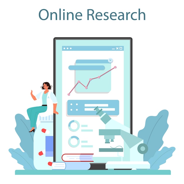 Servizio o piattaforma online del genetista tecnologia della medicina e della scienza gli scienziati lavorano con la struttura della molecola ricerca online illustrazione piatta vettoriale