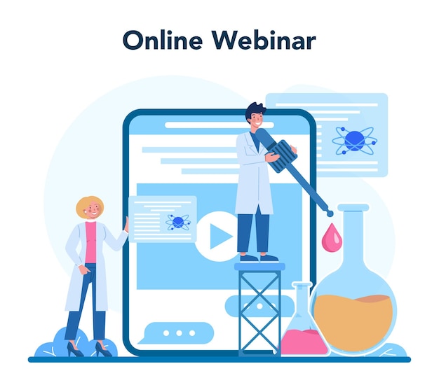 Geneticist online service or platform. science technology and innovation. scientist work with molecule structure. online webinar. vector illustration