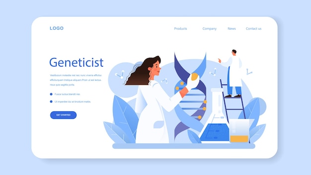 ベクトル 遺伝学者のwebバナーまたはランディングページ。医学と科学技術。科学者はdna分子構造を扱います。遺伝子検査分析と遺伝病予防。フラットベクトルイラスト