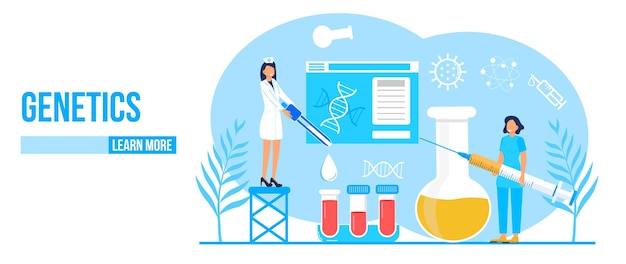 ベクトル 遺伝学の概念ベクトル革新科学研究とオンライン研究化学医学研究者が働いています科学者は dna ゲノムを研究します