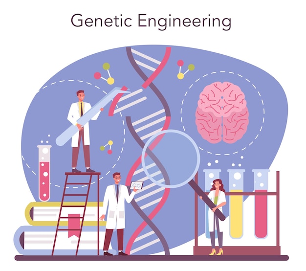 Vector geneticus concept. engineering en wetenschapstechnologie. wetenschappers werken met molecuulstructuur. genetisch experiment en modificatie.