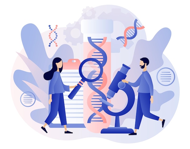 Genetische DNA-wetenschap Kleine wetenschappers die diagnose onderzoeken en DNA testen met een microscoop