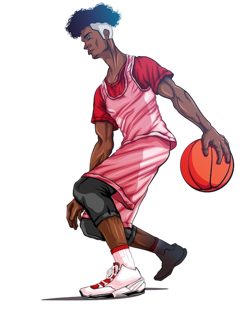 Vector genial jugador de baloncesto driblando la cancha