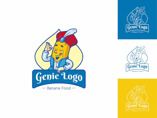 Genie banana food logo, vers geel fruit concept geïsoleerd, flat outline cartoon