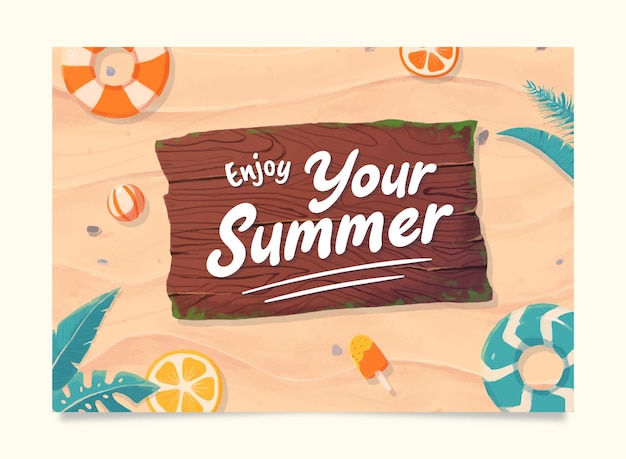 geniet van je zomerbanner op een prachtige zand- en houtachtergrond met boei en fruit