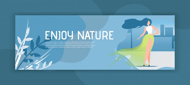 Geniet van Nature Header Banner met Flat Cartoon vrouw in een elegante jurk