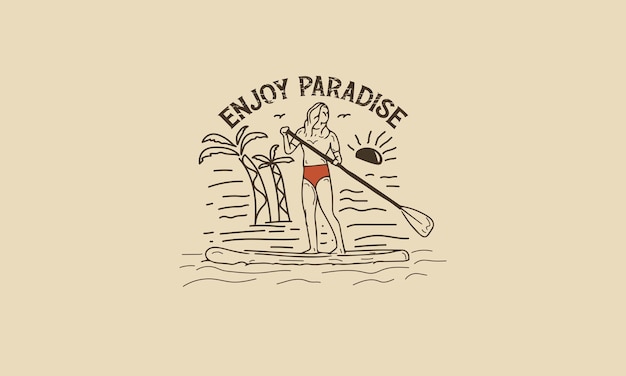 Geniet van Paradise Vintage Grafische Vrouw Paddle Surf Illustratie