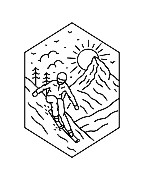 Geniet van skiën in Zermatt Matterhorn Zwitserland in monolijnvector voor badge tshirt embleemontwerp