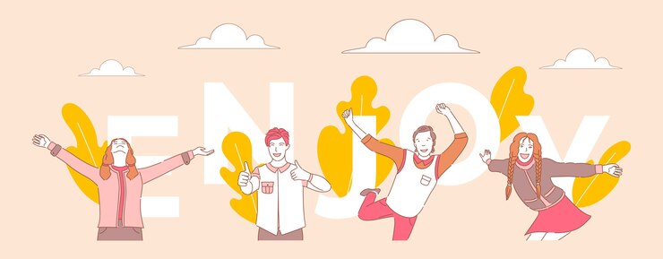 Geniet van woord concept sjabloon voor spandoek. Mensen dansen, duimen opdagen, staande met open armen.
