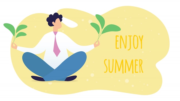 Geniet van zomer horizontale banner met vreedzame manager of zakenman zitten in yoga lotus houding