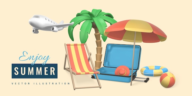 Geniet van zomer promo banner ontwerp zomer 3D-realistische render vectorobjecten tropische palmboom parasol zwemmen ring strandstoel reizen trolley tas en vliegtuig vectorillustratie