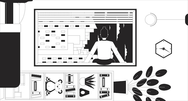 Vector genieten van stadslandschap avond in omgekeerde slaapkamer zwart-wit lofi behang nadenkende man zit op de drempel 2d omtrek personage cartoon platte illustratie surrealistische vector lijn lo fi esthetische achtergrond