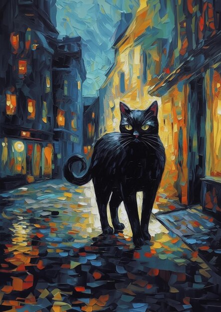 Genius painting blac cat van gogh standing in the middle of the city Attractive