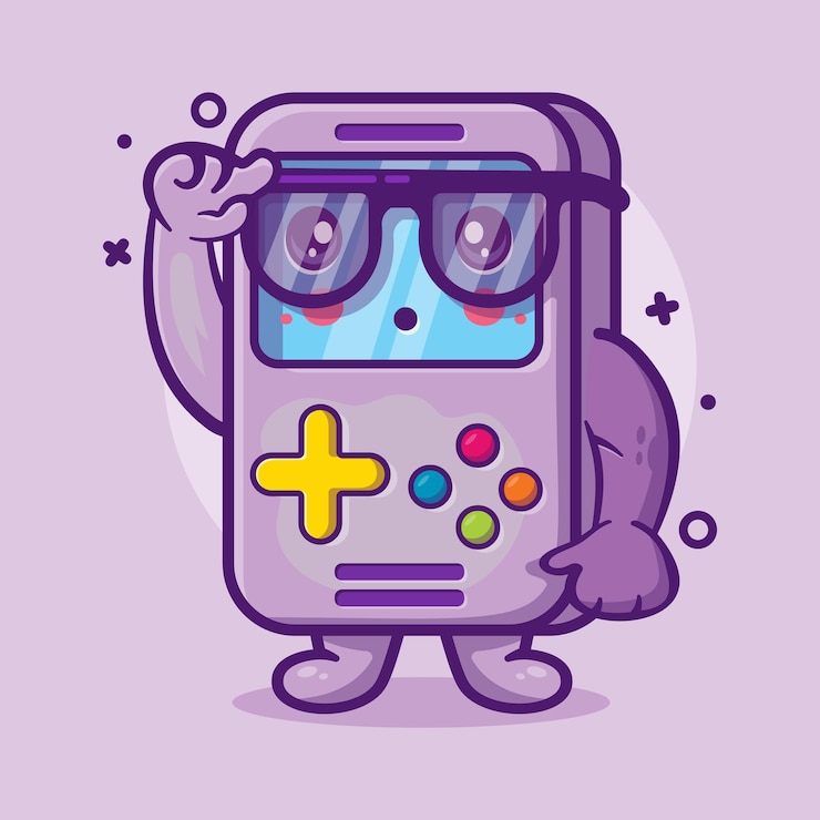 Vector genius portable video game character mascot with think expression isolated cartoon