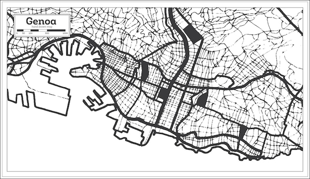 レトロなスタイルの白地図の黒と白のジェノヴァイタリア都市地図