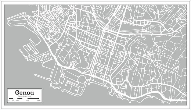 レトロなスタイルのジェノヴァイタリアの都市地図。白地図。ベクトルイラスト。