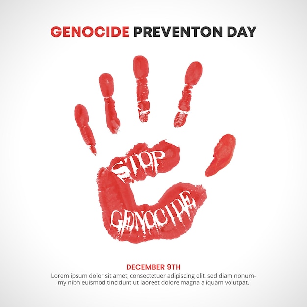 Vector genocide prevention day background with a red handprint