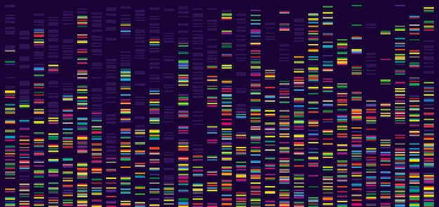 Mappa del genoma test del dna e visualizzazione del codice a barre astratte grandi colonne di sequenza di dati genomici illustrazione vettoriale dello sfondo