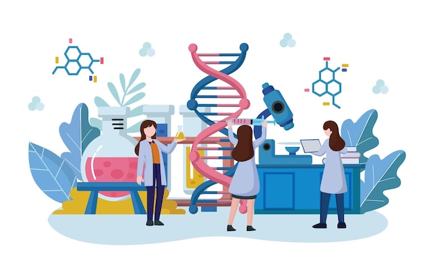 Genomics scene Scientists are doing research in laboratory room Genome therapy concept Flat design Vector