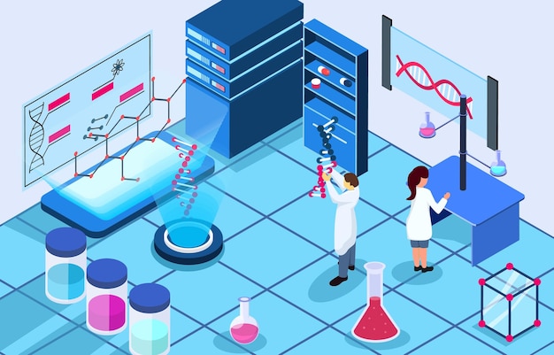 Genomics scene Scientists are doing research in laboratory room Genome therapy concept Isometric design Vector