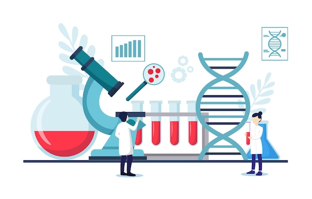 Genomics scene wetenschappers doen onderzoek in laboratoriumruimte genoomtherapie concept flat design vector