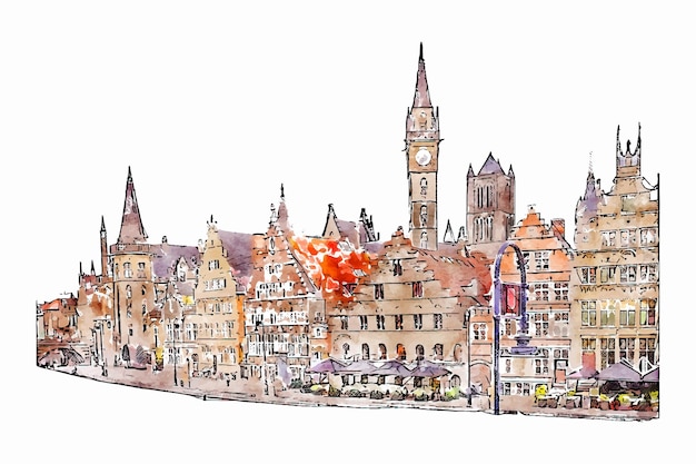 Gent belgië aquarel hand getekende illustratie geïsoleerd op een witte achtergrond