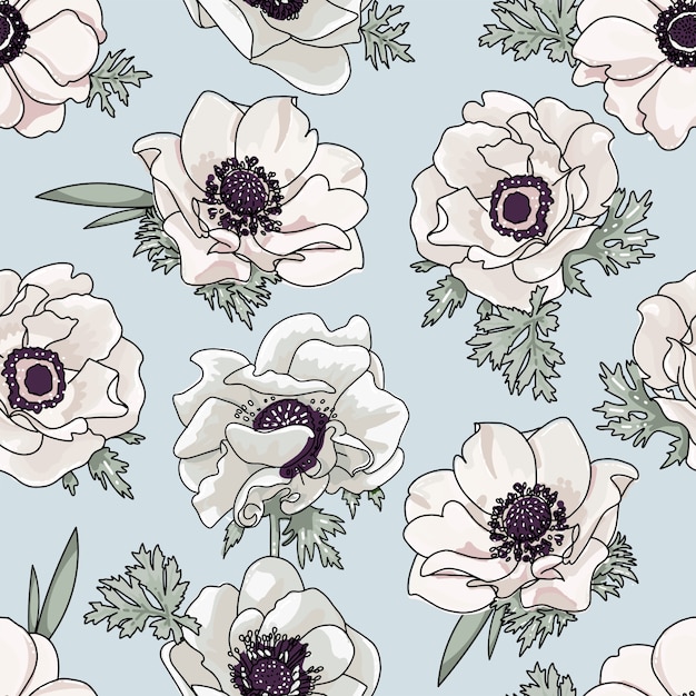 Dolce motivo floreale con fiori di primavera anemone in stile acquerello vintage su sfondo azzurro. illustrazione senza cuciture di schizzo del profilo disegnato a mano.