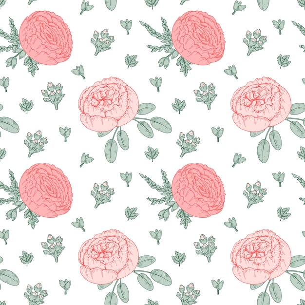 Gentle floral seamless pattern with roses and peonies Hand drawn vector illustration