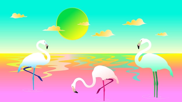 Vector a gentle landscape of a colourful sunset with graceful flamingos on the seashore