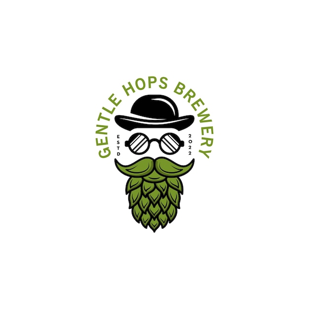 Gentle man hopt logo ontwerp baard met hop en maffia hoed logo illustratie ambachtelijk bier logo modern