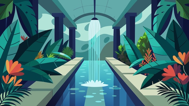 Vector the gentle sound of a trickling waterfall adds to the serene ambiance of the indoor botanical walk