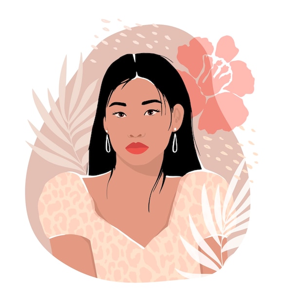 Vector gentle sticker print with an asian girl palm leaves and a flower hand drawn vector illustration