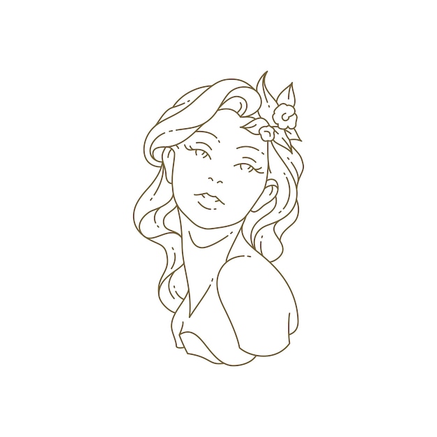 Gentle woman with flower in hair bust sculpture minimal line art logo for beauty care vector illustration Romantic female statue with floral botanical blossom leaves icon emblem for skincare cosmetic